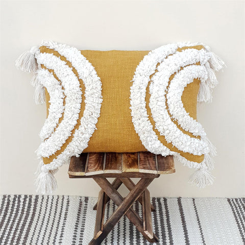 Tufted Texture Boho Mustard Ivory Lumbar Pillow With Tassels