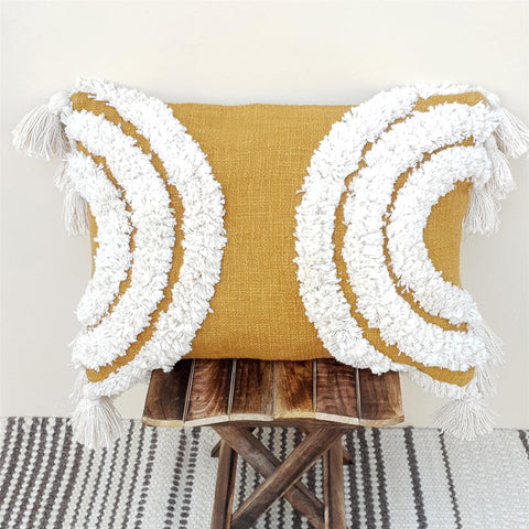 Tufted Texture Boho Mustard Ivory Lumbar Pillow With Tassels