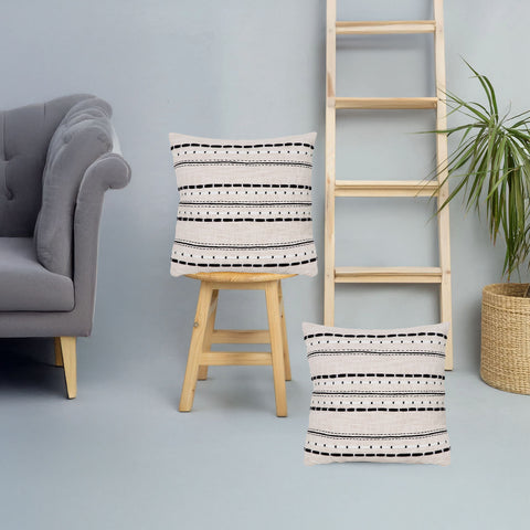 Set Of 2 Hand Loom Woven Texture Boho Ivory Black Stripe Fringe Cushion Cover