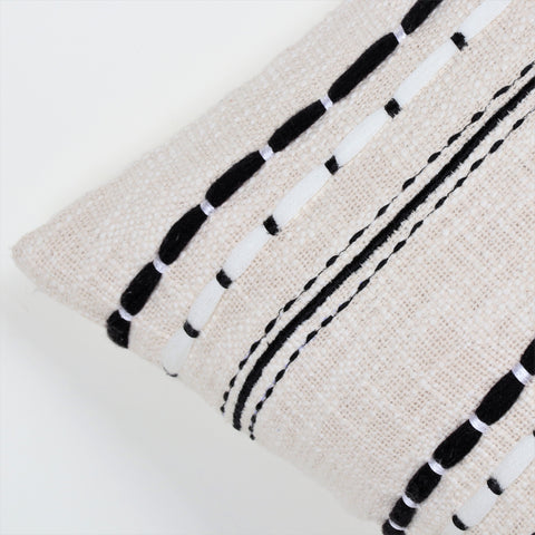 Set Of 2 Hand Loom Woven Texture Boho Ivory Black Stripe Fringe Cushion Cover