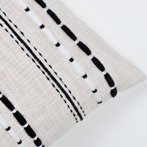 Set Of 2 Hand Loom Woven Texture Boho Ivory Black Stripe Fringe Cushion Cover