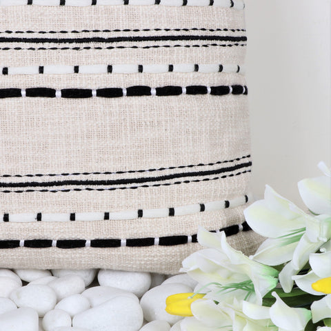 Set Of 2 Hand Loom Woven Texture Boho Ivory Black Stripe Fringe Cushion Cover