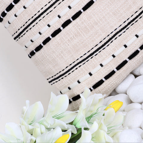 Set Of 2 Hand Loom Woven Texture Boho Ivory Black Stripe Fringe Cushion Cover