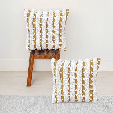 Set Of 2 Tufted Texture Boho Stripe Ivory Mustard Pillow