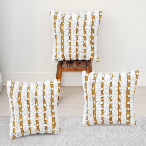 Set Of 3 Tufted Texture Boho Stripe Ivory Mustard Pillow