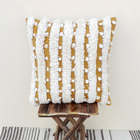 Set Of 3 Tufted Texture Boho Stripe Ivory Mustard Pillow