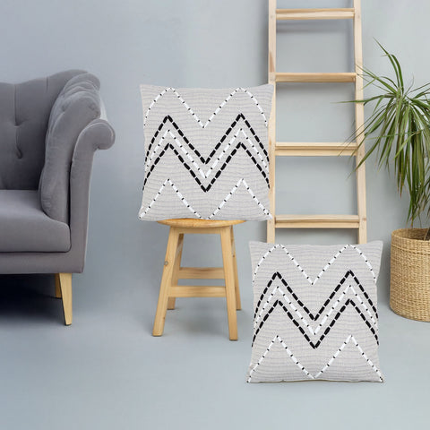 Set Of 2 Hand Loom Woven Texture Boho Gray Black Cushion Cover