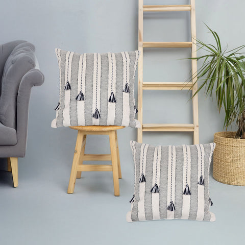 Set Of 2 Hand Loom Woven Texture Boho Black Off-White Cushion Cover