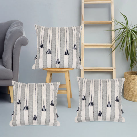 Set Of 3 Hand Loom Woven Texture Boho Black Off-White Cushion Cover