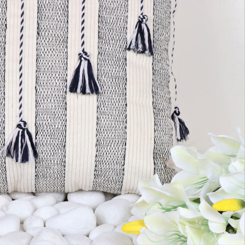 Set Of 3 Hand Loom Woven Texture Boho Black Off-White Cushion Cover