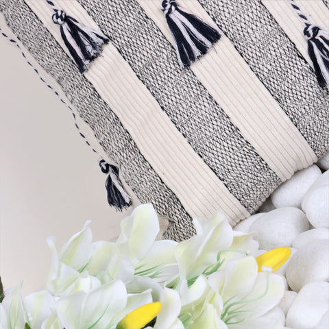 Set Of 3 Hand Loom Woven Texture Boho Black Off-White Cushion Cover