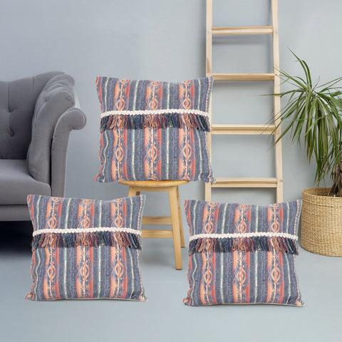 Set Of 3 Hand Loom Woven Texture Boho Black Red Cushion Cover
