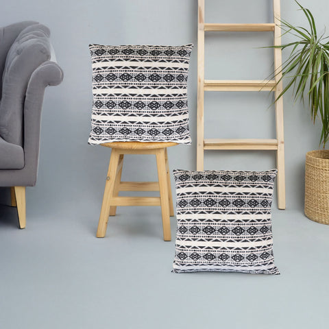 Set Of 2 Hand Loom Woven Texture Boho Black Ivory Cushion Cover