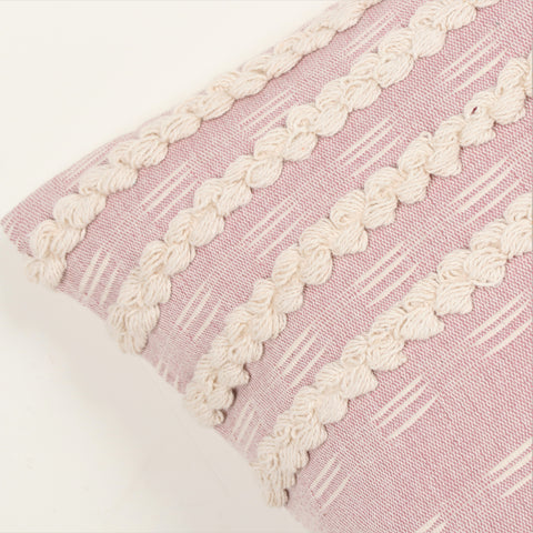 Hand Tufted Texture Boho Pink and Ivory Stripe Fringe Cushion Cover