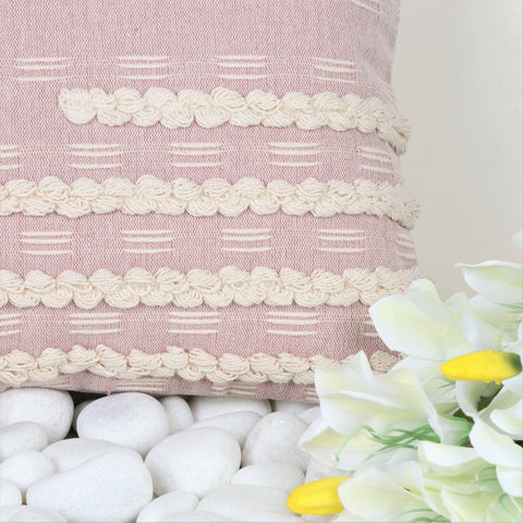 Hand Tufted Texture Boho Pink and Ivory Stripe Fringe Cushion Cover