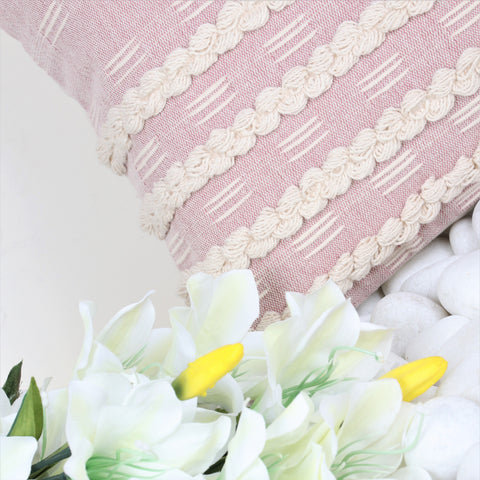 Hand Tufted Texture Boho Pink and Ivory Stripe Fringe Cushion Cover