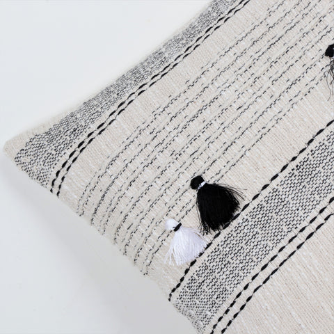 Hand Tufted Texture Boho Black and White Stripe Fringe Cushion Cover