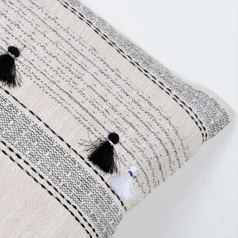 Hand Tufted Texture Boho Black and White Stripe Fringe Cushion Cover