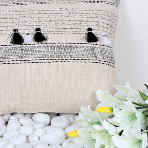 Hand Tufted Texture Boho Black and White Stripe Fringe Cushion Cover
