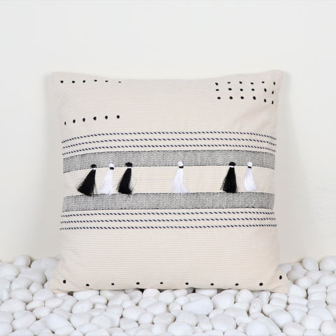 Hand Tufted Texture Boho Ivory and Pink Tassel Cushion Cover