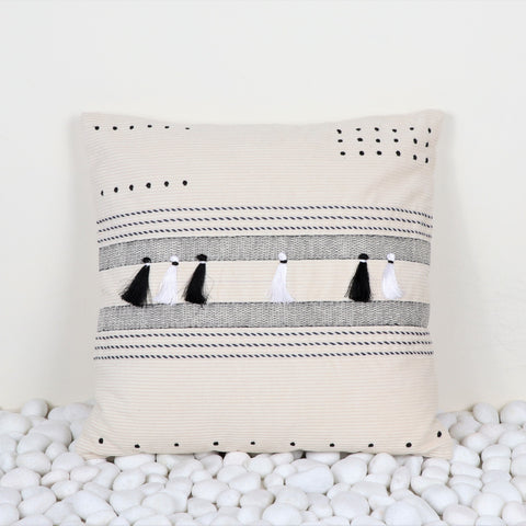 Set Of 3 Hand Tufted Texture Boho Ivory Pink Tassel Cushion Cover