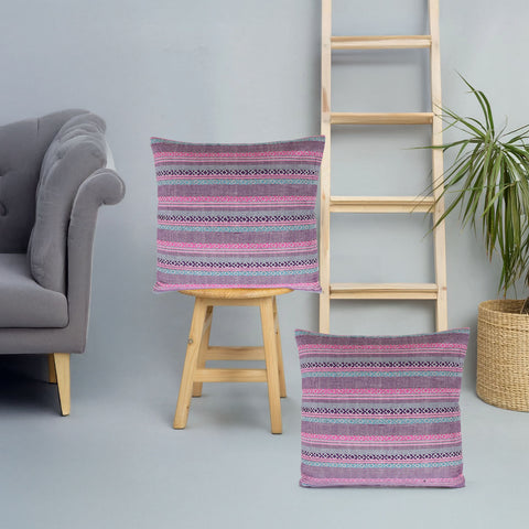 Set Of 2 Hand Loom Woven Texture Boho Ivory Pink Cushion Cover