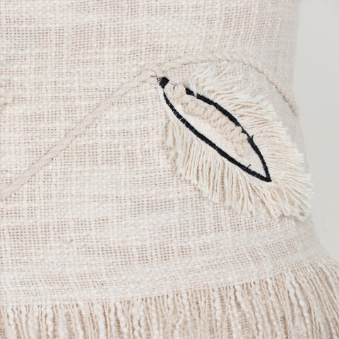 Hand Tufted Leaf Texture Boho Ivory and Black Fringe Cushion Cover