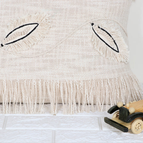 Hand Tufted Leaf Texture Boho Ivory and Black Fringe Cushion Cover