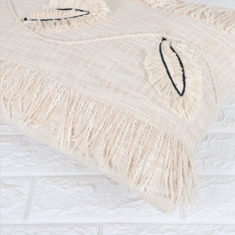 Hand Tufted Leaf Texture Boho Ivory and Black Fringe Cushion Cover