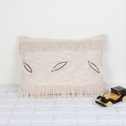 Hand Tufted Leaf Texture Boho Ivory and Black Fringe Cushion Cover