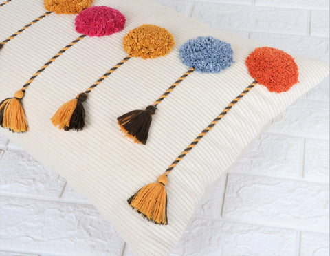 Hand Tufted Texture Boho Mustard Yellow and Ivory Tassel Cushion Cover