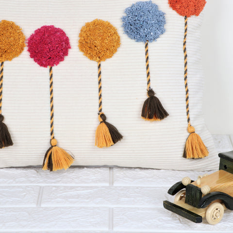 Hand Tufted Texture Boho Mustard Yellow and Ivory Tassel Cushion Cover