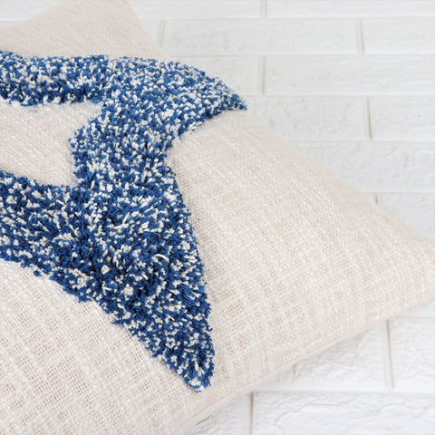 Hand Tufted Texture Boho Blue and Ivory Tassel Cushion Cover