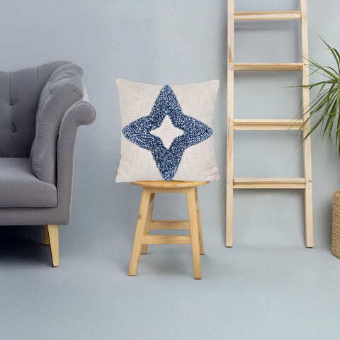 Hand Tufted Texture Boho Blue and Ivory Tassel Cushion Cover