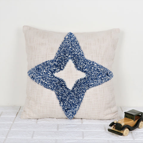 Hand Tufted Texture Boho Blue and Ivory Tassel Cushion Cover