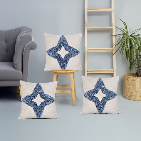 Set Of 3 Hand Tufted Texture Boho Blue Ivory Tassel Cushion Cover
