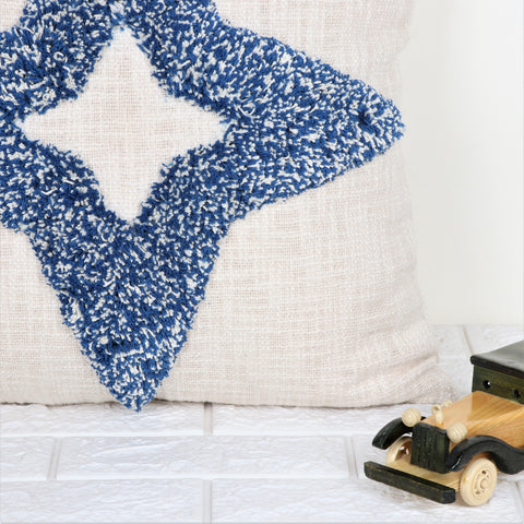 Hand Tufted Texture Boho Blue and Ivory Tassel Cushion Cover
