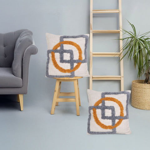 Set Of 2 Hand Tufted Texture Boho Yellow Ivory Tassel Cushion Cover