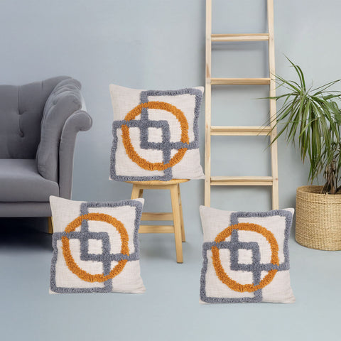 Set Of 3 Hand Tufted Texture Boho Yellow Ivory Tassel Cushion Cover