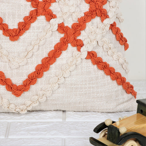 Hand Tufted Texture Boho Ivory and Orange Tassel Cushion Cover
