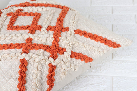Hand Tufted Texture Boho Ivory and Orange Tassel Cushion Cover