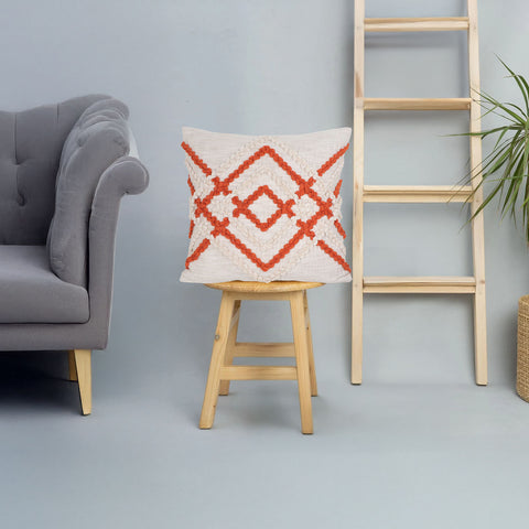 Hand Tufted Texture Boho Ivory and Orange Tassel Cushion Cover