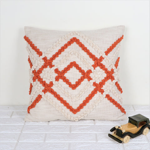 Hand Tufted Texture Boho Ivory and Orange Tassel Cushion Cover