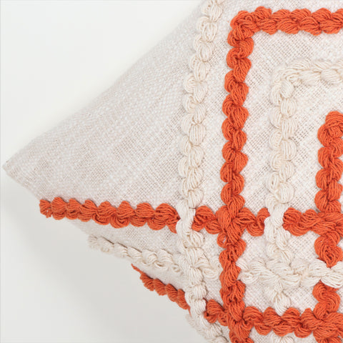 Hand Tufted Texture Boho Ivory and Orange Tassel Cushion Cover