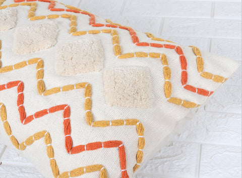 Hand Tufted Texture Boho Orange and Ivory Tassel Cushion Cover