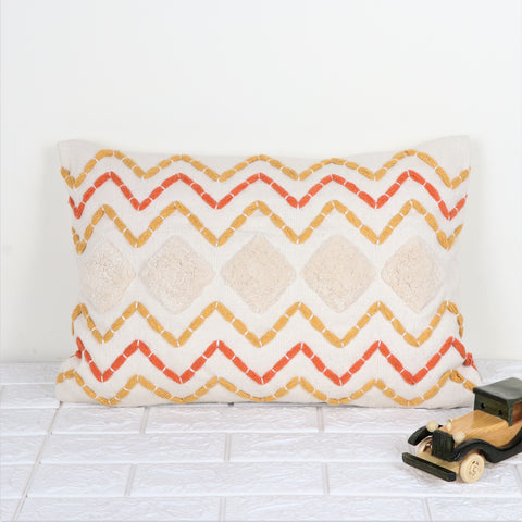 Hand Tufted Texture Boho Orange and Ivory Tassel Cushion Cover