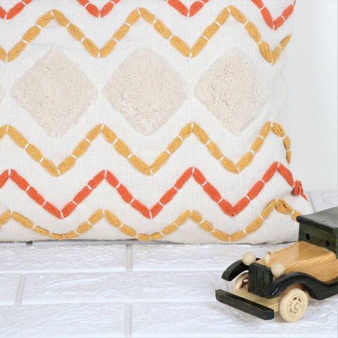 Hand Tufted Texture Boho Orange and Ivory Tassel Cushion Cover