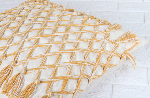 Hand Tufted Texture Boho Yellow and Ivory Tassel Cushion Cover