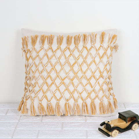 Hand Tufted Texture Boho Yellow and Ivory Tassel Cushion Cover