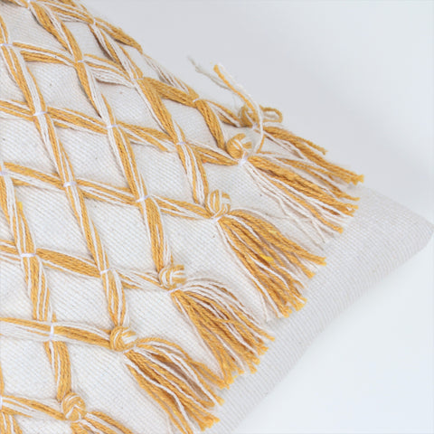 Hand Tufted Texture Boho Yellow and Ivory Tassel Cushion Cover